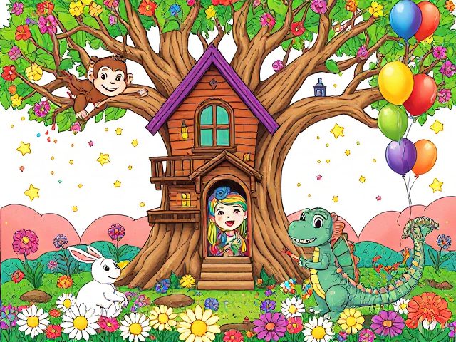 Create an enchanting cover for a toddler's coloring book that invites children into a magical adventure. Picture a colorful treehouse nestled in a vibrant, oversized tree, its branches adorned with bright, oversized flowers and playful, sparkling fairy lights. In front of the treehouse, a cheerful cartoon girl with rainbow-colored hair is joyfully painting a giant canvas, surrounded by a lively cast of adorable animals.

A mischievous monkey swings from the branches above, tossing colorful paint splatters that fall like confetti. Below, a fluffy bunny is playfully jumping through a patch of dazzling daisies, while a tiny, curious dragon with shimmering scales peeks out from behind the tree trunk, its eyes wide with excitement.

In one corner, a friendly dinosaur with big, expressive eyes is sitting down, carefully holding a crayon in its tiny claws, ready to join the fun. Surrounding the scene are floating, sparkling stars and colorful balloons drifting through the air, creating an atmosphere of joy and creativity.

The entire design should be bursting with vivid colors and whimsical details, enticing young children and their parents with a sense of adventure and imaginative play. This magical cover will ignite a passion for creativity in every child, making them eager to explore the colorful world within the book.