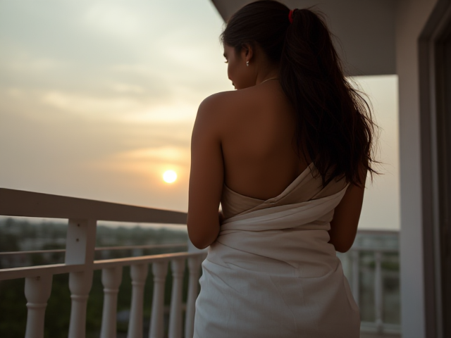 Skinny Indian woman's back turned on a balcony with a white saree on