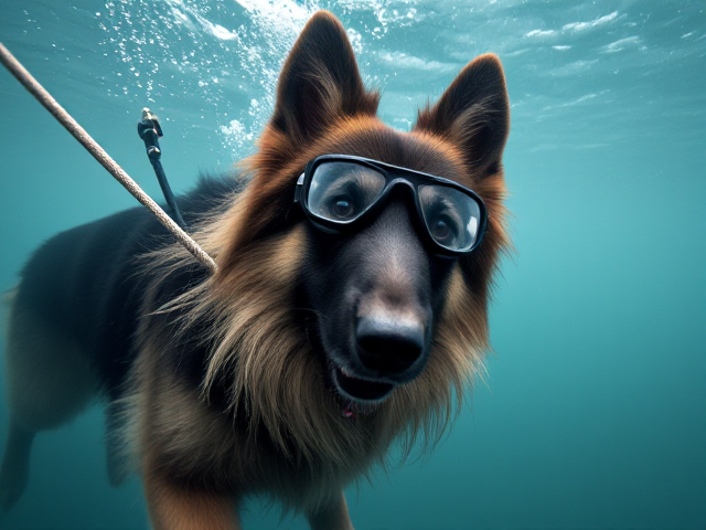 A long haired German shepherd Freediving wearing goggles holding a static rope