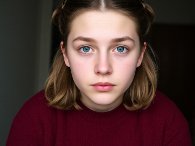 un adolecent qui porte un pull rouge bordeau, il a une tete allongé vers le haut et des yeux bleu, des cheveux brund moyennement long et avec des noeuds, il a aussi un gros nez et des boutons d'acnée et une peau rugueuse