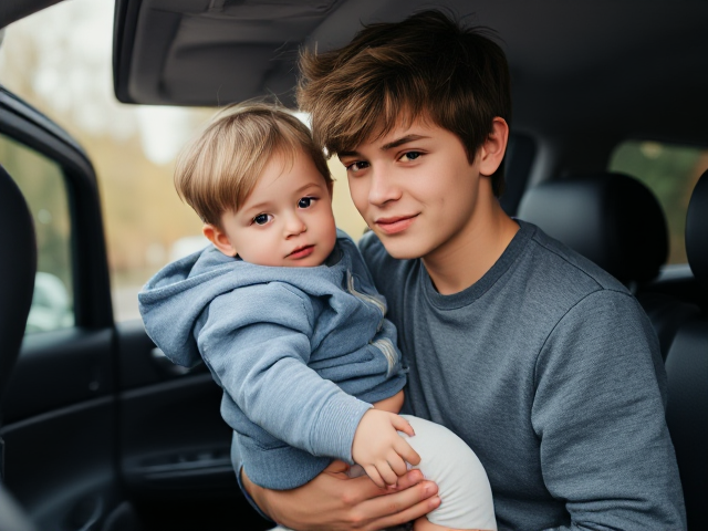 handsome skinny teenage boy with fluffy hair carefully carrying younger brother in his arms to the car