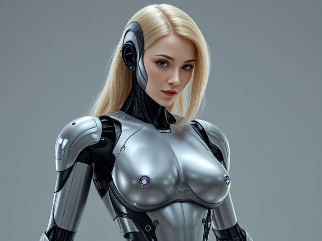 Futuristic humanoid female robot, sleek design, advanced technology, glowing elements, metallic texture, intricate details, dynamic pose, Macintosh, blonde hair