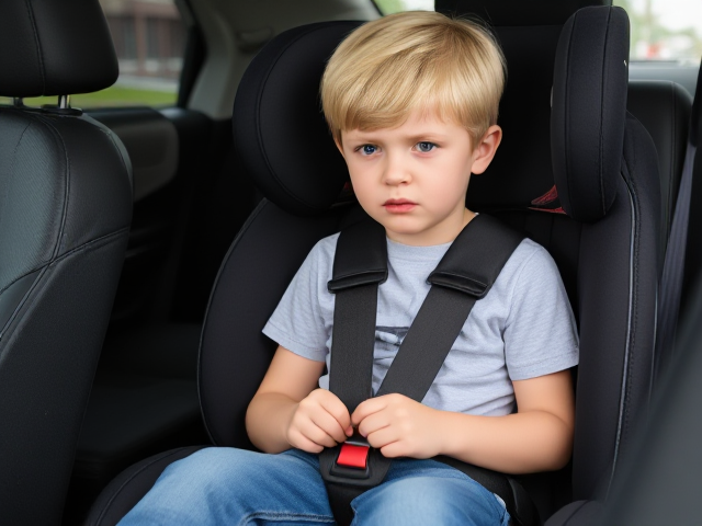 frustrated 10 year old blonde boy sitting in a child car seat with a 5 point harness. wearing jeans and a t-shirt
