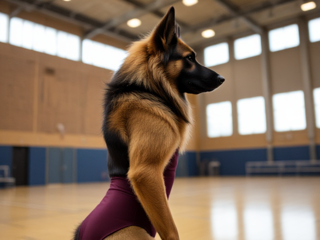 A anthropomorphic long haired German shepherd wearing a gymnastics leotard in a gymnasium