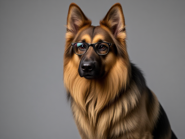 A anthropomorphic long-haired German shepherd wearing a hoodie, glasses, and leggings