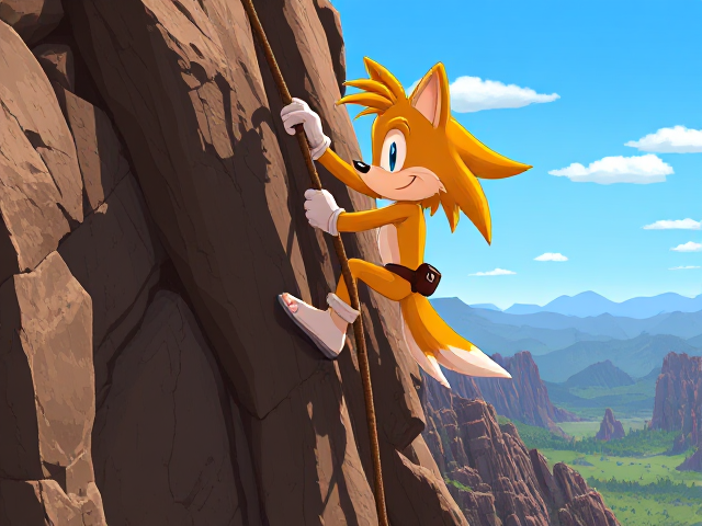 A young and cute depiction of Miles Tails Prower climbing a rugged cliff using a rope and piton, barefoot with a brown leather belt. Sweat glistens on his fur under the intense heat. The terrain is rocky, the sky is clear with few clouds, and distant mountains are visible. Sunlight casts realistic shadows, all portrayed in a 16-bit retro game style look