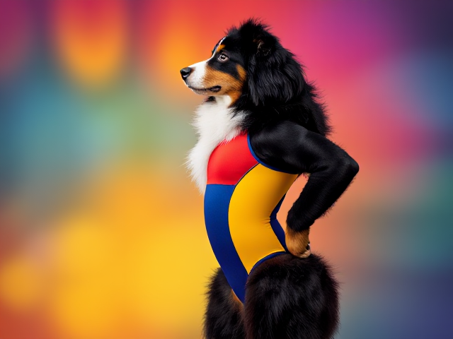 Anthropomorphic Bernese mountain dog with large hips, wearing a colorful gymnastics leotard, in an athletic pose, vibrant background