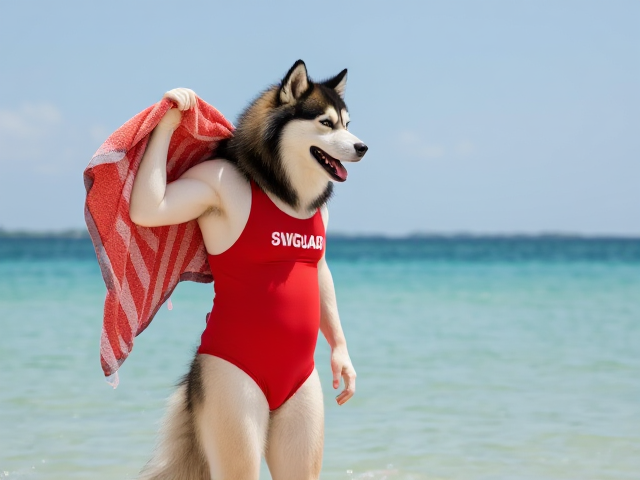 A tall anthropomorphic alaskan malamute wearing a red lifeguard one piece swimsuit drying off with a towel