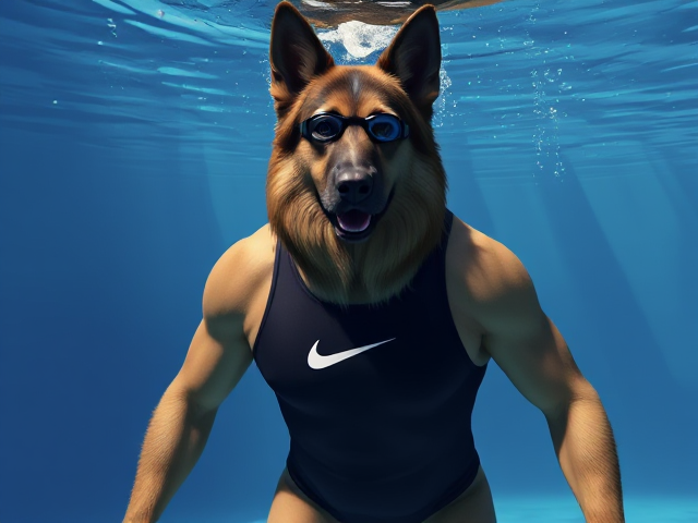 A tall anthropomorphic long haired German shepherd with a long torso and broad shoulders wearing a Nike one piece swimsuit and swimming goggles while submerged underwater