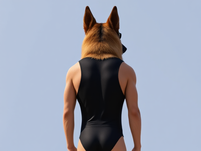 A tall and lean anthropomorphic long haired German shepherd with a long torso and broad shoulders wearing a high cut Nike one piece swimsuit and swimming goggles