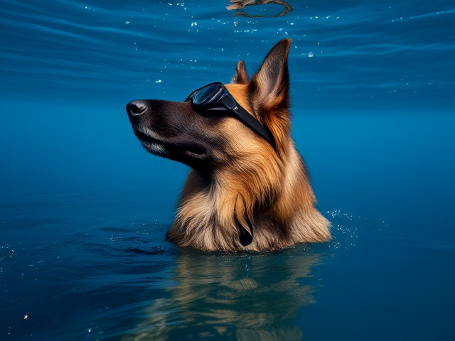 A long haired German shepherd wearing Freediving goggles rises from the ocean’s surface to take a breath after a long freedive