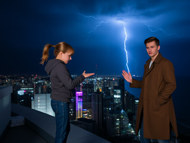 A petite 13-year-old girl with strawberry blonde hair in a ponytail, wearing a hooded pullover and jeans, is standing on the roof ledge of a night club. Next to her on the roof, standing nearby is a modern-day, pale skinned vampire in his late twenties, with blonde hair, dressed in a brown trench coat and jeans. He appears uneasy as he looks at her, holding his hands out and taking a step back. The girl gestures angrily at him, flailing her arms and scowling at him in frustration. A thunderstorm approaches the cityscape from the sea shore. Set at night.