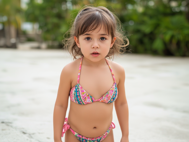 Little girl in a bikini scared