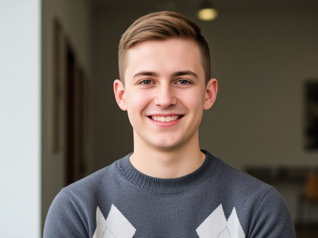 Clean cut, short haired nerdy twenty-something wearing an argyle sweater and smiling at the viewer
