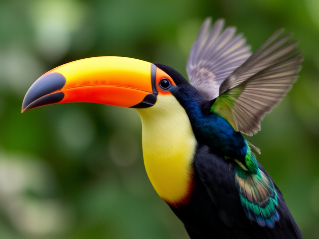 A  tucan with its beak closed and peacock chirping in flight