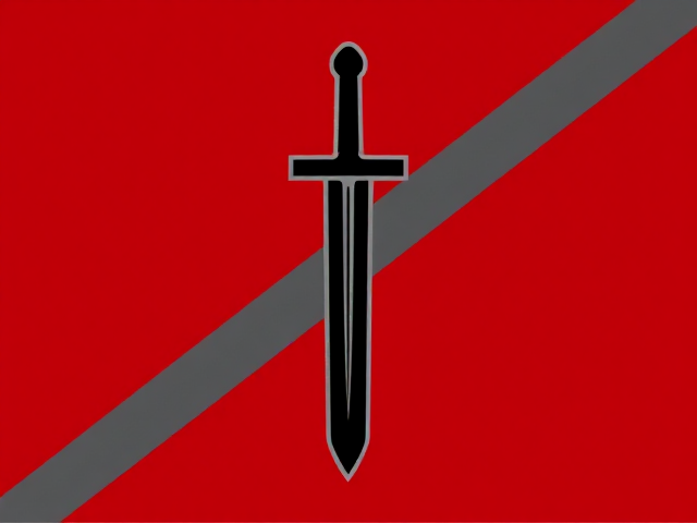 Un drapeau rectangulaire au fond rouge foncé uni.
Au centre, un sabre stylisé noir, cassé en deux morceaux verticalement alignés mais légèrement décalés, chacun avec un fin contour gris clair pour le faire ressortir.
Une large bande diagonale gris acier traverse le drapeau, partant du coin inférieur gauche jusqu’au coin supérieur droit, passant derrière le sabre.
Le style du sabre est simple et moderne, avec une lame droite et une poignée minimaliste.
L’ensemble dégage une atmosphère de puissance sombre, de rupture et de guerre.