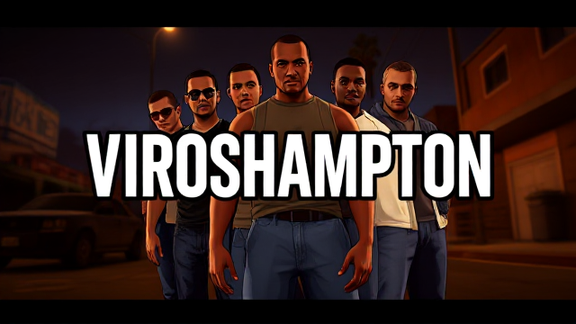 Design a poster in the iconic GTA San Andreas loading screen style, replacing the title with VROSHAMPTON in the exact GTA San Andreas font. Create bold, comic-style visuals with five characters reminiscent of those in GTA San Andreas. Position these characters subtly and slightly blurred in the background, ensuring the text VROSHAMPTON remains the focal point. Apply soft film grain and cinematic lighting to achieve realism akin to an 80s Panavision Panaflex camera. Set the scene with a Los Santos (Los Angeles) urban street vibe to capture the essence of a GTA San Andreas poster