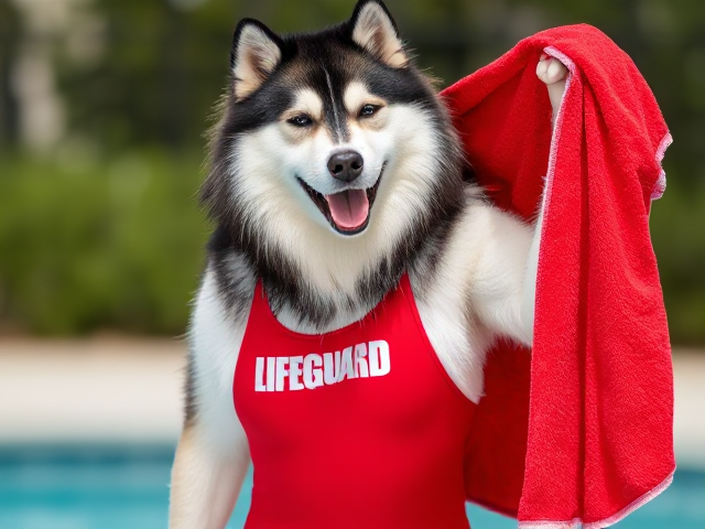 A anthropomorphic alaskan malamute  wearing a red lifeguard one piece swimsuit drying off with a towel