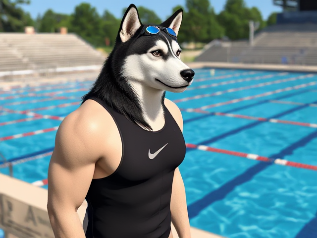 A tall and lean anthropomorphic Alaskan malamute with a long torso and broad shoulders, wearing a Nike one-piece swimsuit and swimming goggles while standing next to a Olympic-Sized swimming pool