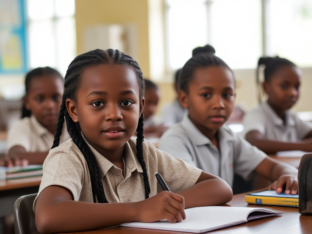 Des élèves africaines  âgés de huit ans avec des tresses assis dans une salle de classe lumineuse, concentrés sur un devoir, avec des bureaux et du matériel scolaire visible autour d'eux, lumière naturelle entrant par les fenêtres