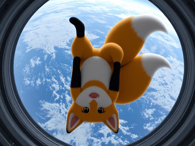 Tails the Two Tailed Anthropomorphic fox, Floating around Upside Down in the Zero gravity of Space Inside A Massive Space station with a beautiful view of the Earth from a nearby window, Sega Video Game character