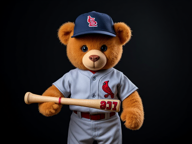 A human thin teddy bear 5 feet 8 inches tall orange tan fur blue eyes wearing a cardinals uniform navy hat with cardinal bird logo grey jersey and pants with  red socks red cleats holding a new baseball bat that's tan with red grip tape