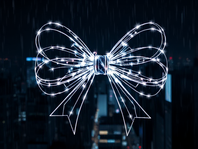 Handrawn Clipart bow, made of string lights. Luminescent, isolated on a black background
