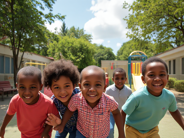 Ecole primaire avec des enfants afro-américains âgés de 8 ans, en train de jouer joyeusement, sous un ciel ensoleillé, entourés de verdure et structures de jeux colorées