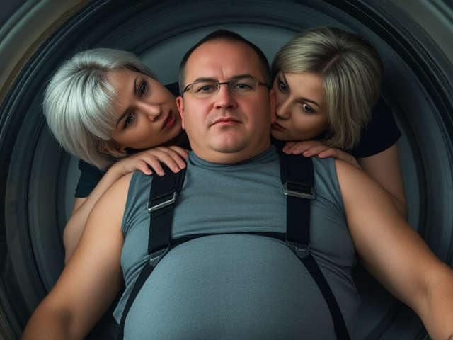 A middle age man of a medium build, with a round face, glasses, and a receding hairline. His hair is mostly bald on top but appears darker at the sides. He has a serious expression. His body type is somewhat stocky, with a round and slightly protruding belly . He is wearing a sleeveless tight grey shirt and is wearing workpants, he is  laying flat on back inside a capsule with glass top. A young smaller woman, with silver-white hair, has an intense and piercing  expression as she stands on the outside (and behind the man to his left shoulder) of the capsule and touches the man and kisses his lips, The man looks over his left shoulder to see her, his expression serious and anxious. This scene suggests a moment of tension or confrontation between the two characters.
The grey  "hump" under the man's chin is the man’s round belly, as the angle of the shot is of the man laying down flat on back, harnessed in,strap going around round belly, arms still at the man’s sides.  and the camera is facing up from right under his round belly, camera angle adds to this effect