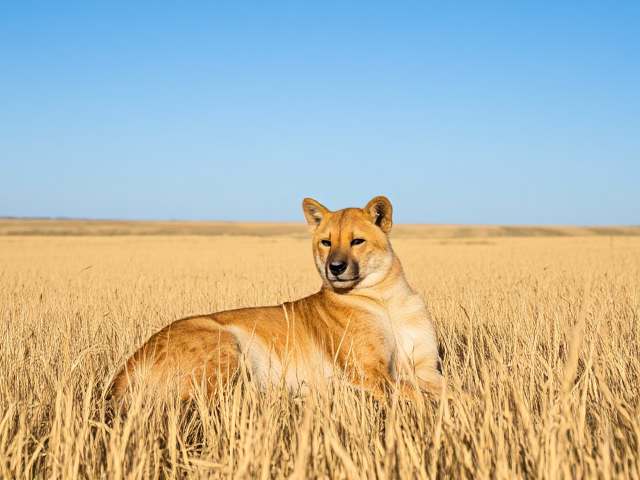 Hyena relaxing in a golden wheat field, surrounded by the expansive rural landscape of North Dakota under a clear blue sky, during daylight hours