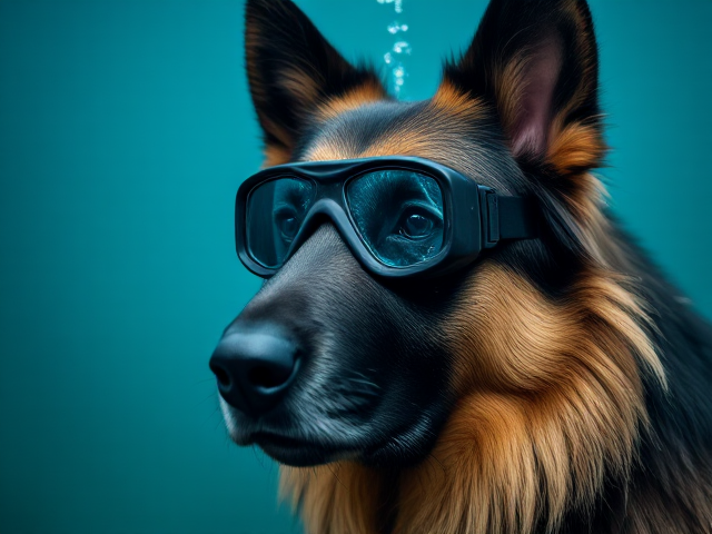 A anthropomorphic long haired German shepherd wearing Freediving goggles, blue in the face from holding breath too long