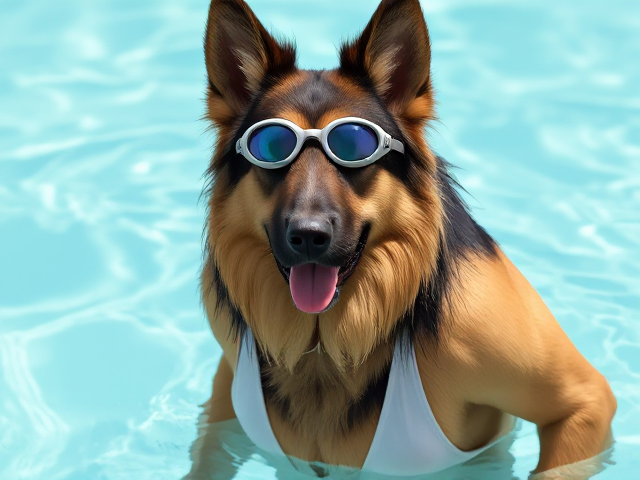 A anthropomorphic long haired German shepherd with a long torso and broad shoulders wearing swimming goggles and a high cut swimsuit
