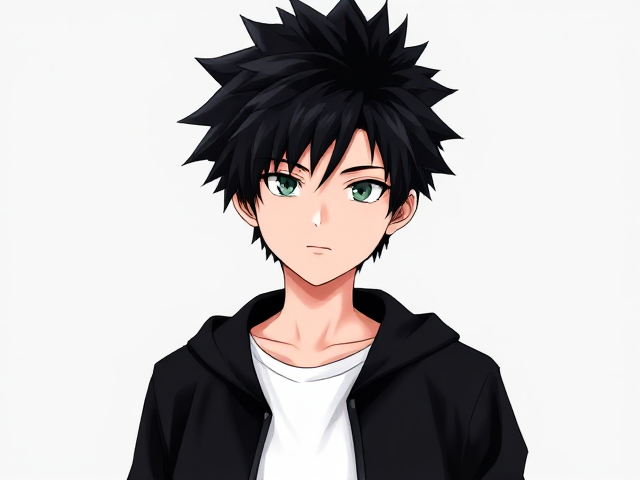 My hero academia inspired styled OC. Black spikey hair. Around 14. Wears a white T-shirt with a black jacket. 3/4 view. Green or grey eyes. Full head in view. Half body shot.
