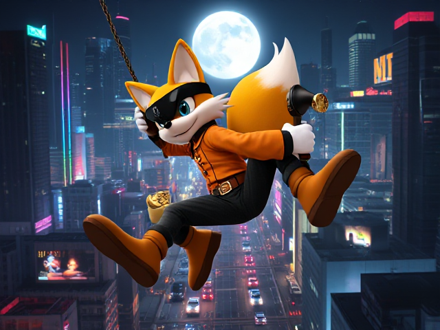 Miles "Tails" Prower, the two-tailed anthropomorphic fox, dynamically swinging on a rope in a massive neon-lit cityscape at night under a full moon. Tails grips an intricately designed cane with a gold hook at the tip in one hand and a bag of cash spilling coins from the other. He is wearing a sleek black domino thief mask to hide his identity, an orange long-sleeved shirt adorned with subtle patterns, matching high-tech orange boots, and a brown leather belt featuring his iconic logo as the belt buckle and no pants. Down on the streets below are numerous cop cars trying to chase and capture Tails. The background showcases towering skyscrapers and bustling streets filled with vibrant activity below