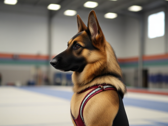 A anthropomorphic German shepherd wearing a gymnastics leotard in a gymnastics center