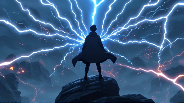 Image of black haired shinobi from world of "Naruto" standing alone on top of the mountain and throwing lighting bolts at ninja enemies approaching him from all sides.