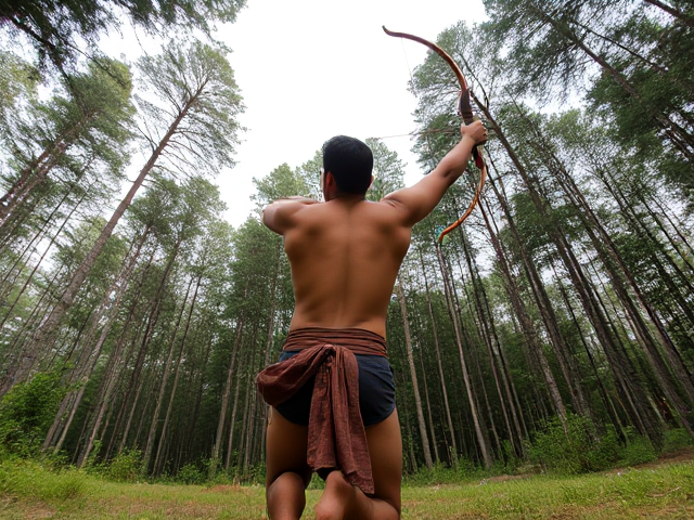 A lean, muscular man on one knee, pointing a knocked arrow on a bow upwards, towards the sky. The surroundings are that of a moderately dense forest, and he is in a small clearing. I want my view to be from behind his head. Make the man look like how the Hindu God Lord Ram would look like in exile. Bring my view closer, or give it an angle you think would look best. Make him bearded and angry
