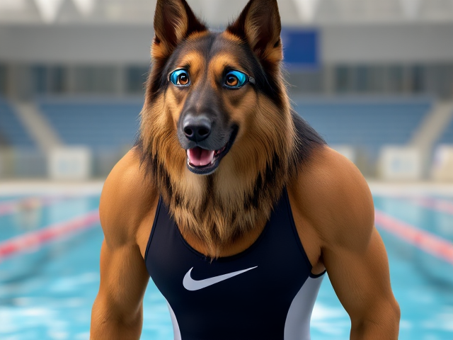 A tall anthropomorphic long haired German shepherd with a long torso and broad shoulders, wearing a high cut Nike one piece swimsuit and swimming goggles, in a Olympic swimming pool
