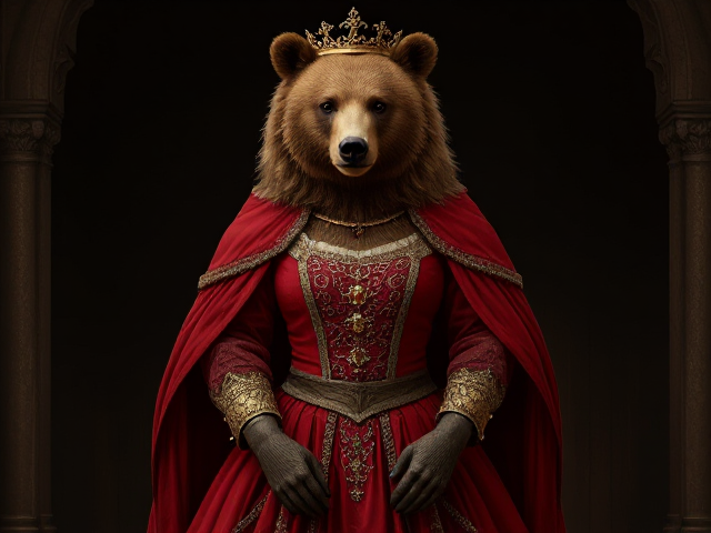 Image d'une femelle ours brun qui se tient debout de face
Habillé en princesse du moyen-âge, robe rouge