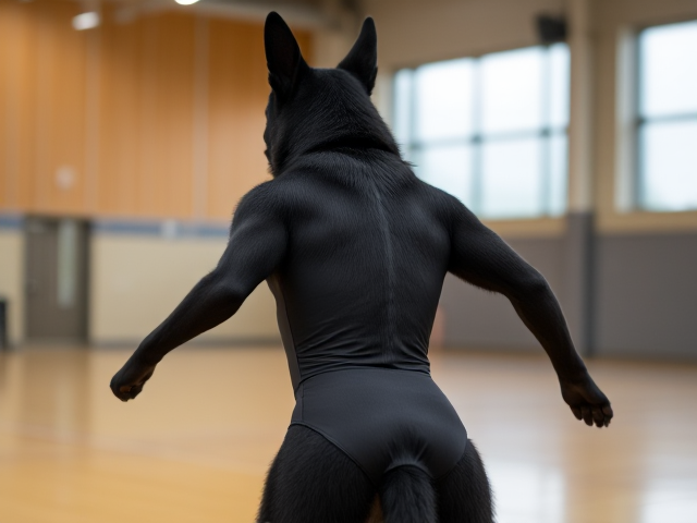 Anthropomorphic black German shepherd with broad shoulders, wearing a gymnastics leotard in a gymnasium setting, dynamic pose