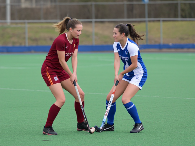 Beautiful 40 year old field hockey woman in a burgundy uniform with knee high socks faces off against a beautiful 40 year old field hockey woman in a blue and white uniform with knee high socks