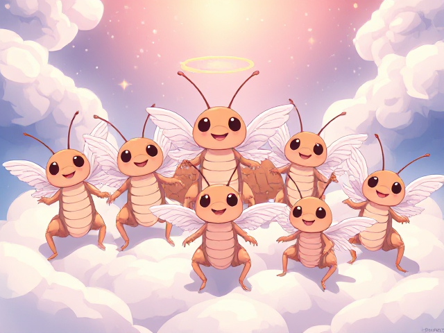 seven cute angelic cockroaches with angel wings in heaven