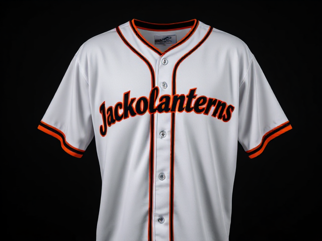white baseball jersey with Jackolanterns written across the front in orange and black with black and orange piping around the neck and cuffs of the jersey
