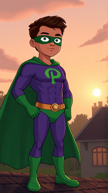 Dramatic Cartoon scene: A young, Autistic 25-year old boy with light skin and flat, smooth, and slick brown hair with a singular curled bang in the shape of a P sticking out at the front named T.J. Granger, but transformed into a genetically-altered superhero named Powerman, who, despite still being a young adult kid, has an extremely muscular body. He wears a sleek purple bodysuit with a green P symbol on his chest, a golden belt with a circular buckle, green briefs, green boots, green long-cuffed gloves, a really big, toe-length long, ultra-wide green cape wreathed around his neck, and a green eye mask that protects his true identity and also causes his pupils to magically disappear as his eyes glow an eerie white. He also has incredible and invincible superpowers flowing through his veins. In this scene, Powerman is currently standing on the roof of his house in the morning, ready for action.