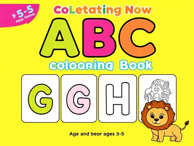 "Create a bright and colorful cover for an ABC coloring book designed for children ages 3-5. The title 'ABC Coloring Book' should be large, colorful, and fun, with the age range (3-5) in a corner. Include four sections with different alphabet letters and matching cartoon illustrations. For example, use the letter 'G' with a giraffe, 'H' with a house, or other animals or objects that kids would recognize. The style should be playful, with thick lines and vibrant colors, similar to a typical children's coloring book. Include a friendly cartoon character at the bottom corner, similar to a lion or bear, but feel free to customize it as long as it's child-friendly."