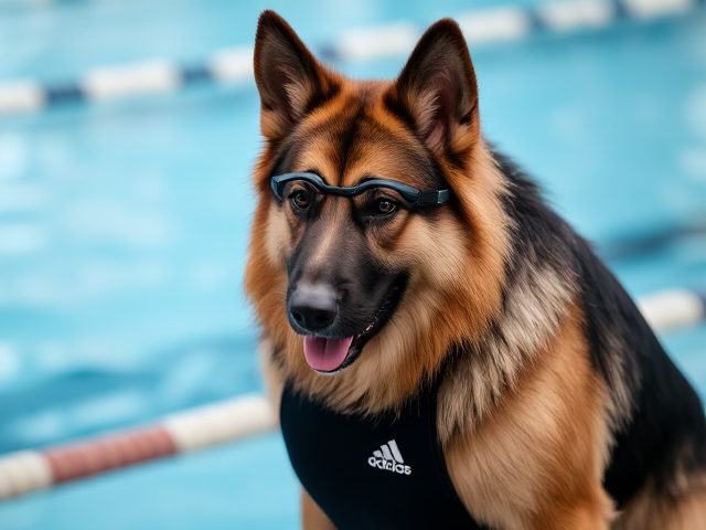 A tall anthropomorphic long haired German shepherd wearing an adidas swimsuit and swimming goggles before a swim