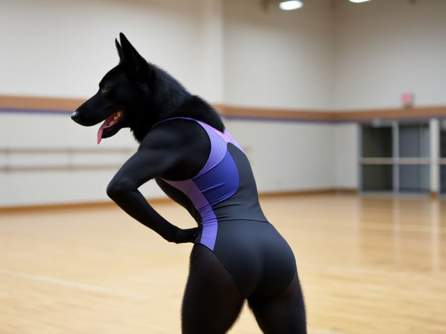 Anthropomorphic black German shepherd wearing a gymnastics leotard, posing with emphasis on its hips in a gymnasium setting, detailed and vibrant colors