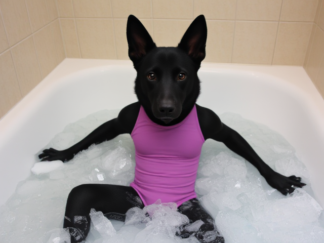 A anthropomorphic black German shepherd wearing a gymnastics leotard in a bath tub full of ice