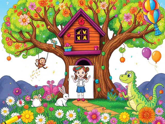 Create an enchanting cover for a toddler's coloring book that invites children into a magical adventure. Picture a colorful treehouse nestled in a vibrant, oversized tree, its branches adorned with bright, oversized flowers and playful, sparkling fairy lights. In front of the treehouse, a cheerful cartoon girl with rainbow-colored hair is joyfully painting a giant canvas, surrounded by a lively cast of adorable animals.

A mischievous monkey swings from the branches above, tossing colorful paint splatters that fall like confetti. Below, a fluffy bunny is playfully jumping through a patch of dazzling daisies, while a tiny, curious dragon with shimmering scales peeks out from behind the tree trunk, its eyes wide with excitement.

In one corner, a friendly dinosaur with big, expressive eyes is sitting down, carefully holding a crayon in its tiny claws, ready to join the fun. Surrounding the scene are floating, sparkling stars and colorful balloons drifting through the air, creating an atmosphere of joy and creativity.

The entire design should be bursting with vivid colors and whimsical details, enticing young children and their parents with a sense of adventure and imaginative play. This magical cover will ignite a passion for creativity in every child, making them eager to explore the colorful world within the book.