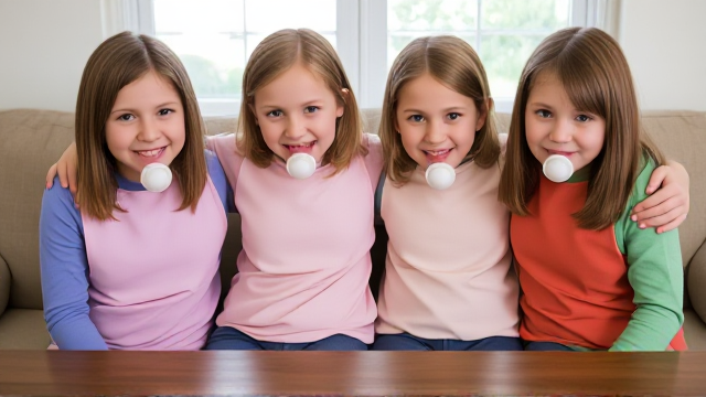 Quatre filles adolescentes aux cheveux lisses et dégagé et de différentes couleurs a l'avant assis à table avec des  grands Bavoirs simple de différentes couleurs  et des tétines en bouches elles sont en tee-shirts manches longues de différentes couleurs que les Bavoirs et ont des et elles se font un gros câlin et il y a une grande fenêtre derrière le canapé